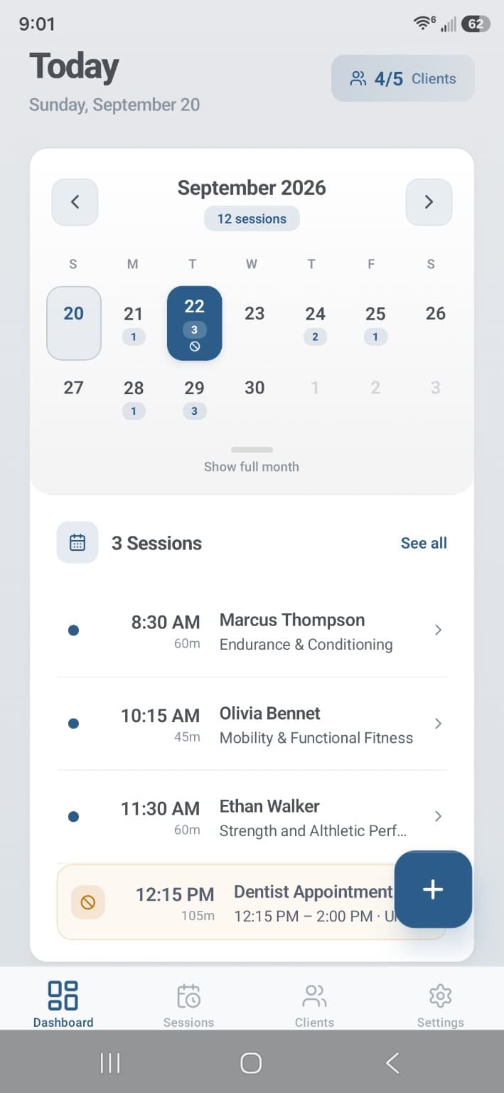 SessionQ dashboard showing a weekly calendar, scheduled client sessions, and blocked time